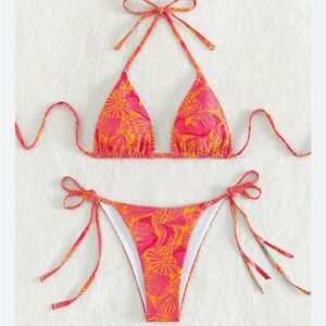 SHEIN Pink & Orange Tropical Print Triangle String Bikini